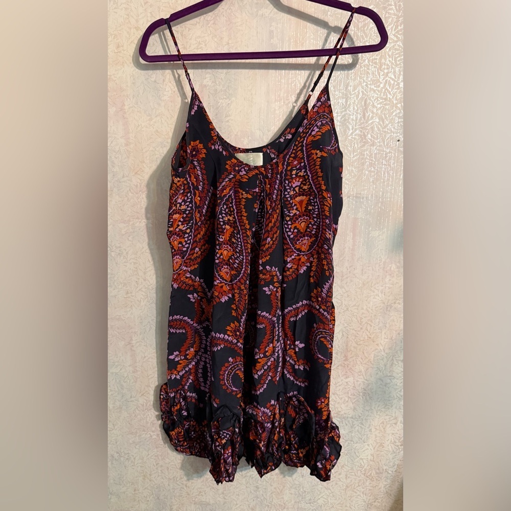 Spaghetti Strap Mini Dress in Black with Orange & Purple Paisley, Festival, Sz S